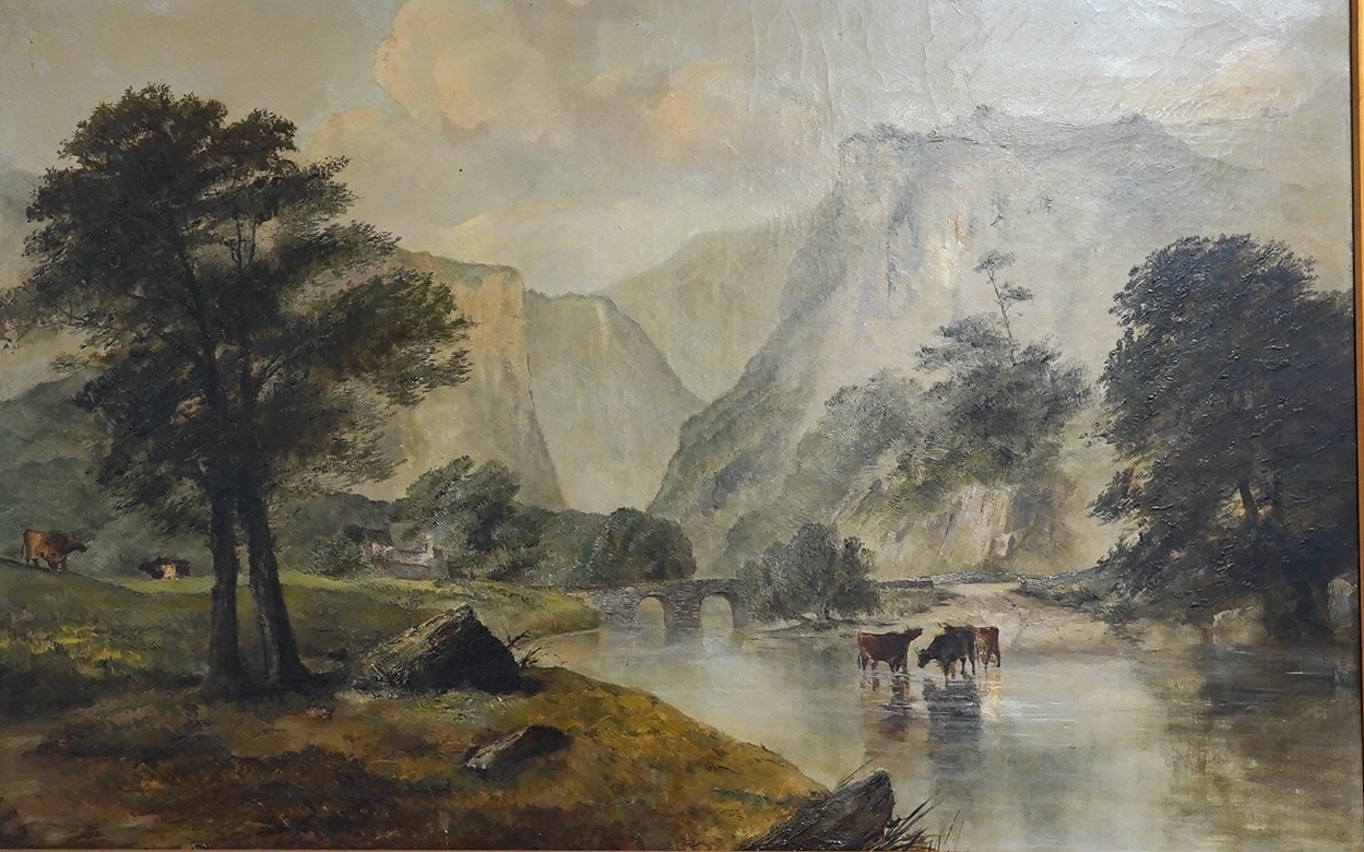 Attributed to Alfred Vickers (1786-1868), oil on canvas, Highland landscape, unsigned, 54 x 86cm, ornate gilt framed. Condition - fair